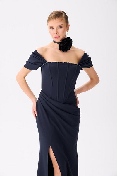 Carmen Navy Blue Back Tie Crepe Evening Dress