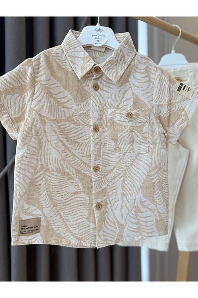 Baby Babyaden Leaf Pattern Linen Shirt , Coton Trousers with Adjustable Waist Birthday Boy Set