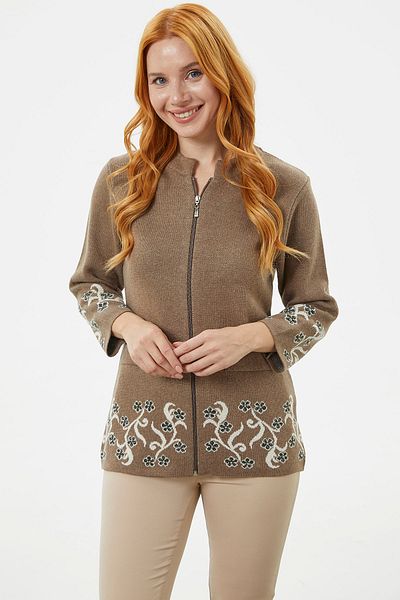 Sementa Cardigan de tricotaj din lână cu model de flori - maro lapte