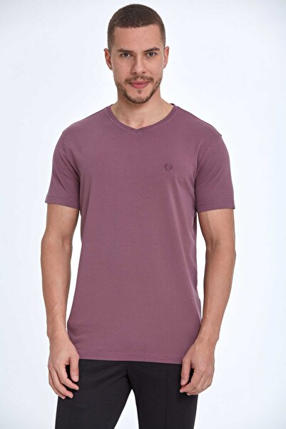 Voltaj Вишита бавовняна футболка з V-подібним вирізом для чоловіків Plum