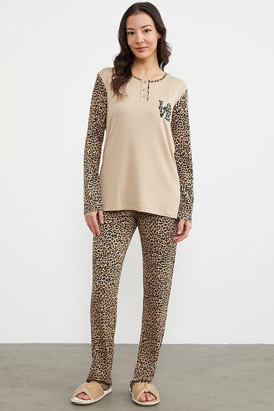 Sementa Σετ πιτζάμες με κουμπιά Leopard - Μπεζ