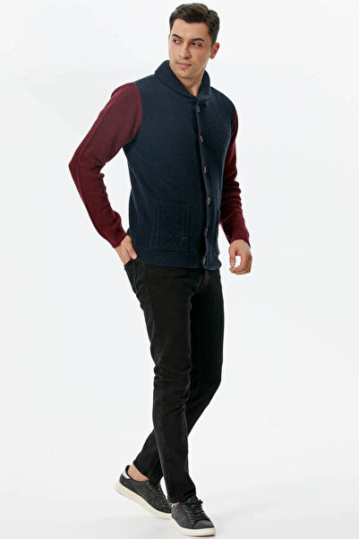 Sementa Shawl Collar Buttoned Knitwear Cardigan - Navy Blue - Claret Red