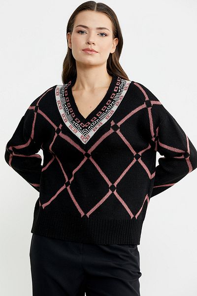Sementa Pulover de tricotaj din lână neagră - Jacquard cu modele multiple