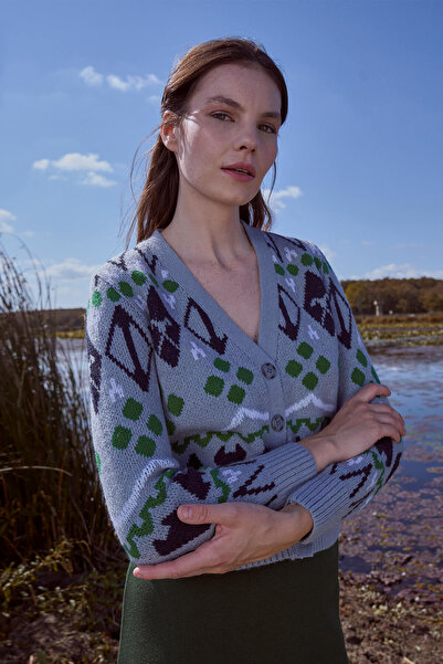 Sementa Cardigan cu nasturi cu decolteu în V - Albastru