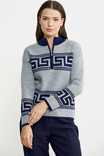 Sementa Gray Stand Collar Block Patterned Knitwear Sweater
