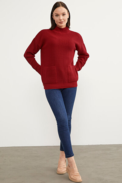 Sementa Honeycomb Knit Stand Collar Knitwear Sweater - Red