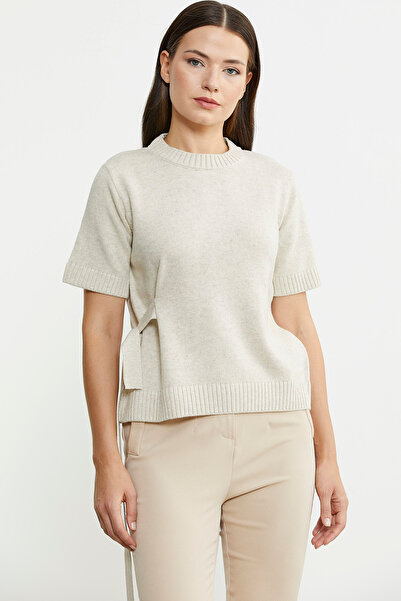 Sementa Πλεκτό Πουλόβερ μαλλί - Κοντό μανίκι και ζώνη, χρώμα πέτρας