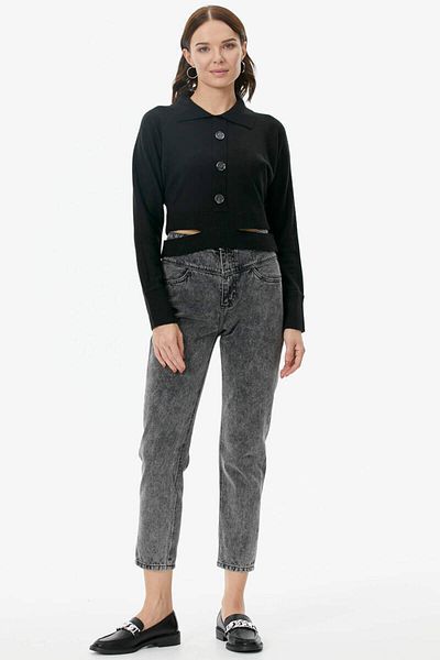 Sementa Piesă Detaliată Guler Polo Cu nasturi Tricotaj Crop - Negru