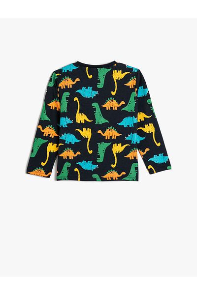 Koton Cotton Long Sleeve Dinosaur T-Shirt - Crew Neck