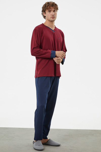 Sementa V Yaka Rahat Kalıp Pijama Takım - Bordo