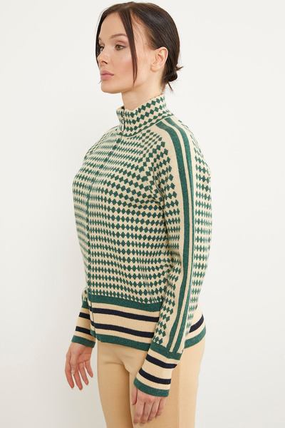 Sementa Houndstooth Patterned Zippered Knitwear Cardigan - Green