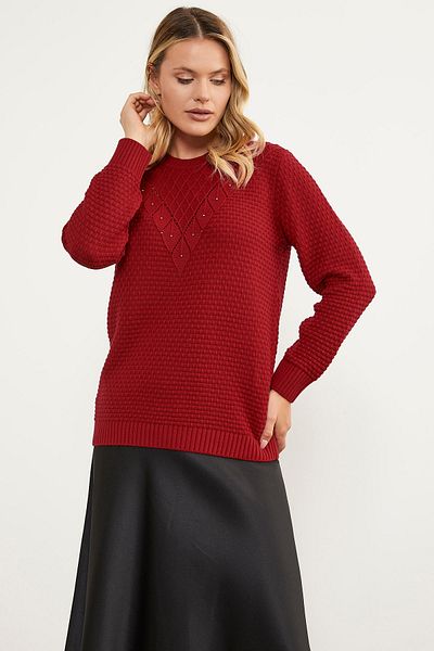 Sementa Pulover din tricot Fagure cu Motiv Frunze - Roșu