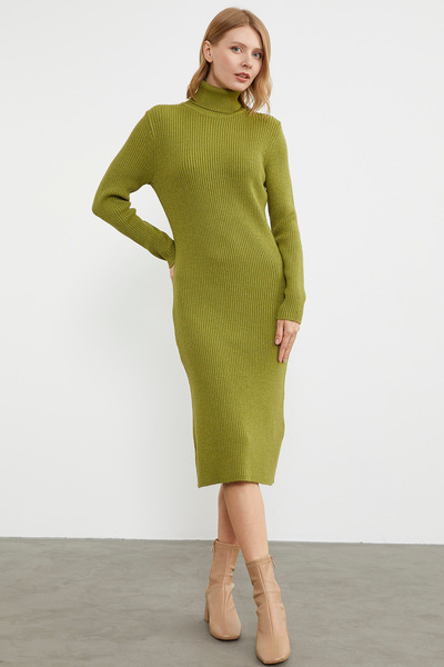 Sementa Tam Balıkçı Fitilli Midi Boy Triko Elbise - Yeşil