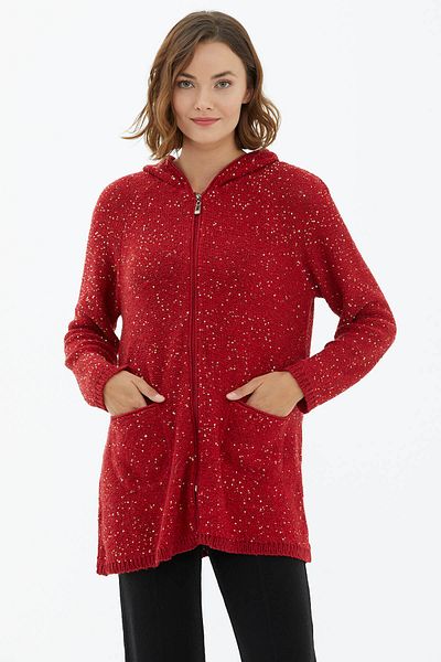 Sementa Hooded Zippered Sequin Knitwear Cardigan - Red