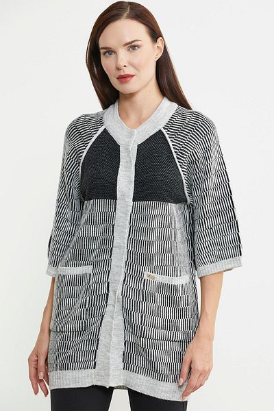 Sementa Gray Long Wool Knitwear Cardigan - Short Sleeve, Snap Fastener