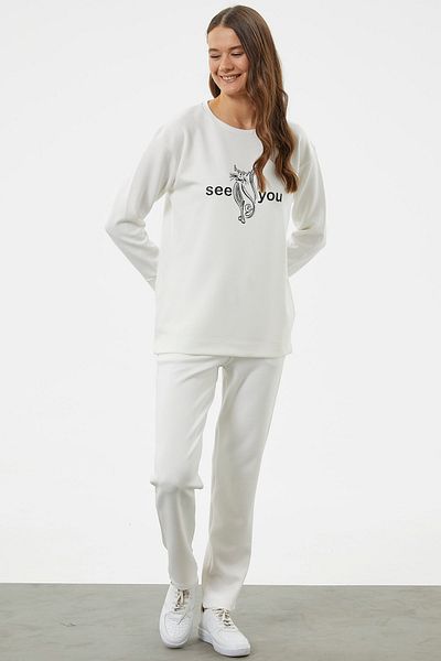 Sementa Σετ αθλητική φόρμα με στάμπα Crew Neck Oversize - Ecru