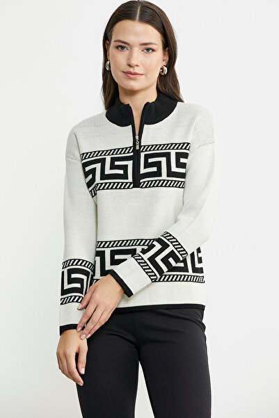 Sementa Stand Collar Block Patterned Knitwear Sweater - Bone Color