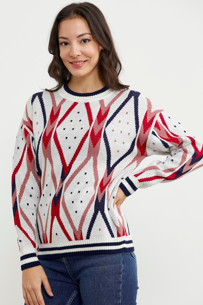 Sementa Colorful Diamond Patterned Wool Knitwear Sweater - Bone