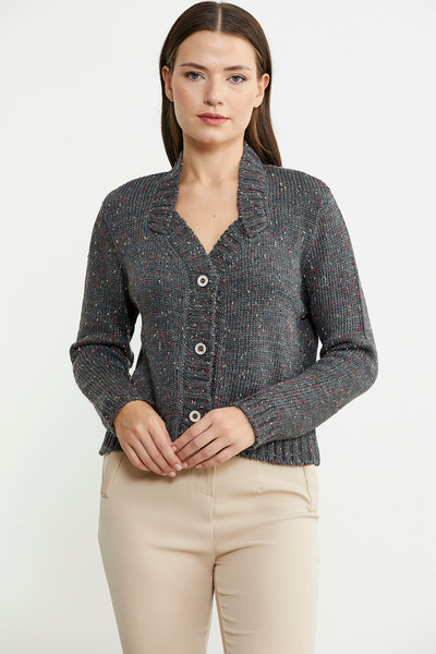 Sementa Anthracite Wool Knitwear Cardigan - Melted Collar Detail