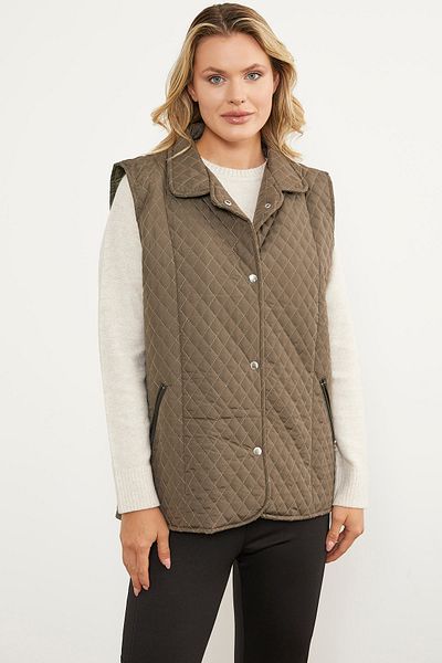 Sementa Snap Fastener Zipper Pocket Quilted Vest - Khaki