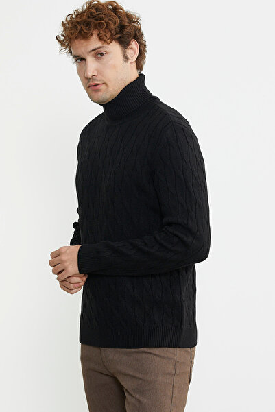 Sementa Black Hair Braid Patterned Full Fisherman Knitwear Sweater