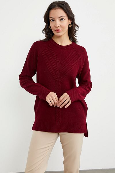 Sementa Pulover cu detaliu din tricot lung în față în spate - Roșu Claret