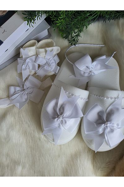 Fiyonks Atölye Maternity Crown Slippers Set with Bow, Newborn Mother Maternity Set Special Design Set of 4