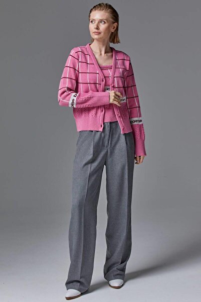 Sementa Kare Desenli Triko Ikili Hırka Takım - Pembe