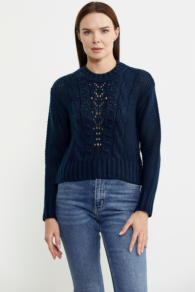 Sementa Синій укорочений вовняний трикотажний светр - з мотивом плетіння волосся