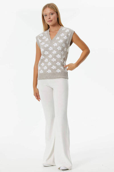 Sementa V-Neck Floral Motif Knitwear Sweater - Mink