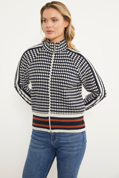 Sementa Houndstooth Patterned Zippered Knitwear Cardigan - Navy Blue