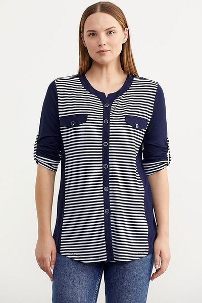 Sementa Tricou cu dungi Truvakar cu mâneci și buzunar - bleumarin