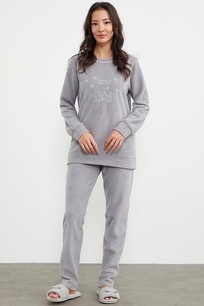 Sementa Embroidery Detailed Fleece Pajama Set - Gray