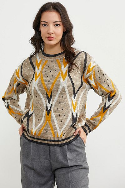 Sementa Pulover din tricotaje din lână cu modele de diamante colorate - bej
