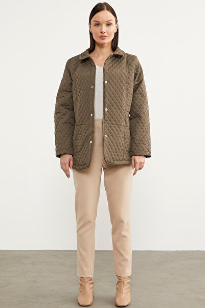 Sementa Snap Fastener Shirt Collar Quilted Coat - Khaki