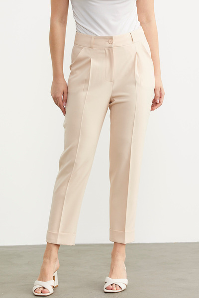 Sementa Beige Colored Narrow Double Leg Seasonal Fabric Trousers