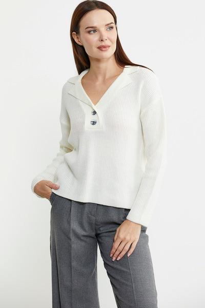 Sementa Thick Knitwear Sweater - Shirt Collar and Button Detail, Bone Color