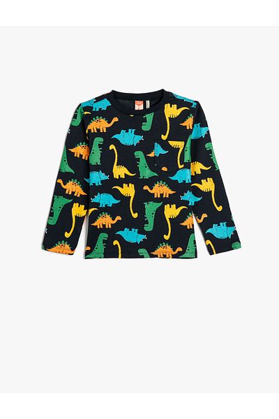 Koton Cotton Long Sleeve Dinosaur T-Shirt - Crew Neck