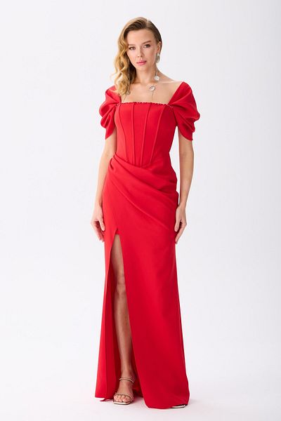 Carmen Red Back Tie Crepe Evening Dress