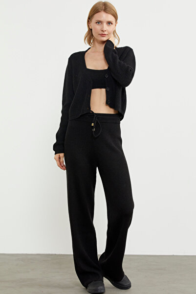 Sementa Thin Corded Elastic Waist Knitwear Trousers - Black