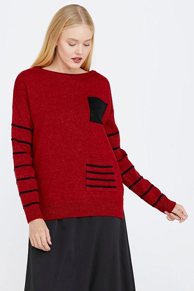 Sementa Pocket Detailed Striped Women's Knitwear Sweater - Red