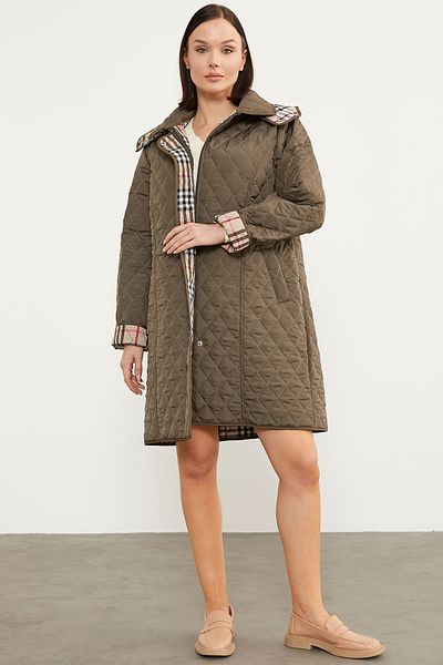 Sementa Hooded Plaid Detailed Long Coat - Khaki