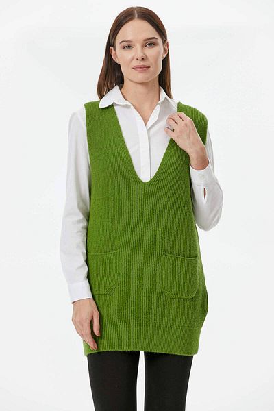 Sementa Deep V-Neck Long Knitwear Sweater with Pockets - Green