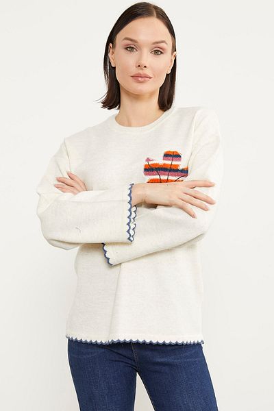 Sementa Bohemian Knitwear Sweater with Leaf Motif - Bone