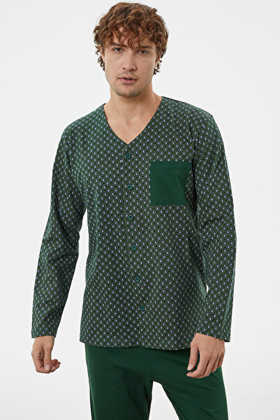 Sementa V Yaka Düğmeli Pijama Takım - Yeşil