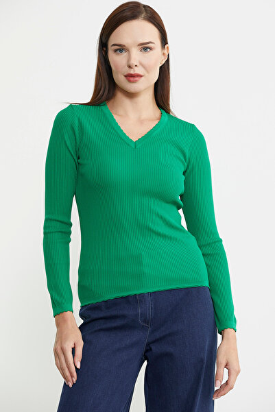 Sementa Fitilli V Yaka Basic Triko Kazak - Yeşil