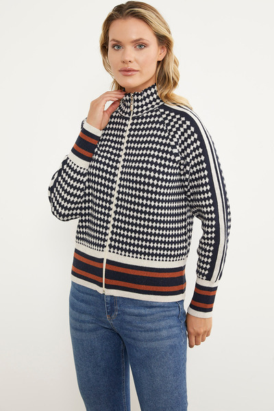 Sementa Houndstooth Patterned Zippered Knitwear Cardigan - Navy Blue
