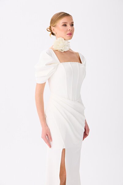 Carmen White Back Tie Crepe Wedding Dress