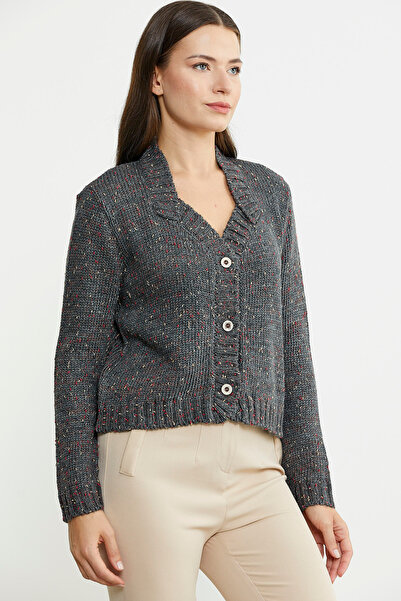 Sementa Anthracite Wool Knitwear Cardigan - Melted Collar Detail