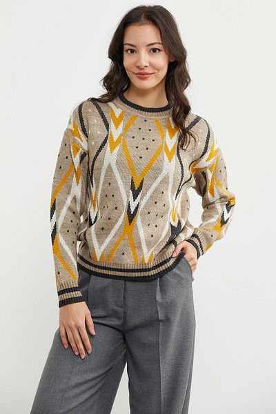 Sementa Pulover din tricotaje din lână cu modele de diamante colorate - bej
